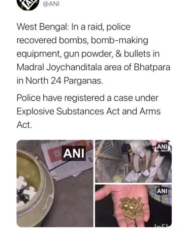 #BengalElection2021 Police recovered bombs, bomb-making equipment, gun powder and bullets in Bhatpara