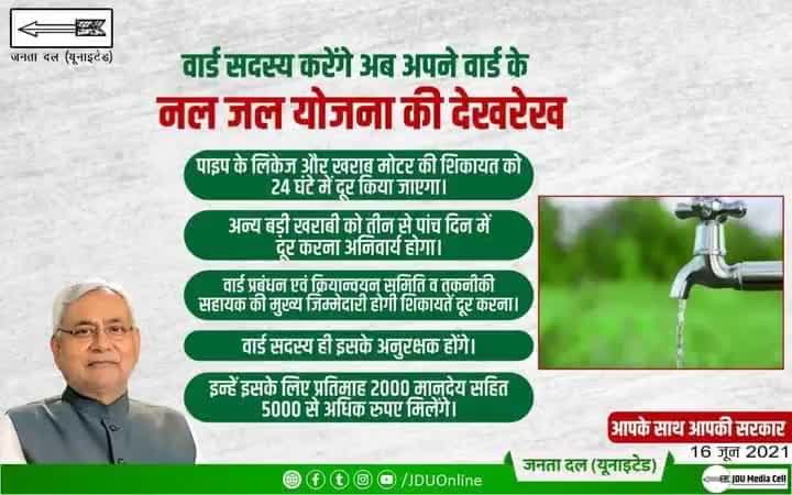Bihar News: वार्ड सदस्य करेंगे अब अपने वार्ड के नल जल योजना की देखरेख.!वार्ड सदस्य को 5000 
#नल_जल_योजना
Nitish Kumar
