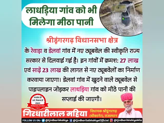 #श्रीडूंगरगढ़ विस. क्षेत्र के गांव #रेवाड़ा व #लाधड़िया हेतु नए ट्यूबवेल की दिलवाई स्वीकृति, पेयजल किल्लत होगी दूर #MLASdgh