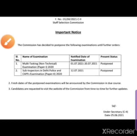 सीकर: कर्मचारी चयन आयोग ने MTS-2020 परीक्षा और CAPF SI-2020 दूसरे चरण की परीक्षा को स्थगित कर दिया है।
#SSCMTS #CPO2020 #SSC