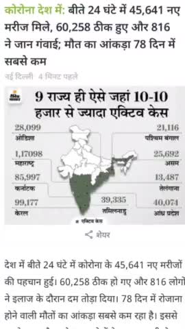 भारत :- पिछले 24 घंटे में मिले कोरोना वायरस का आंकड़ा. #jamtara#jharkhand#indiapublic