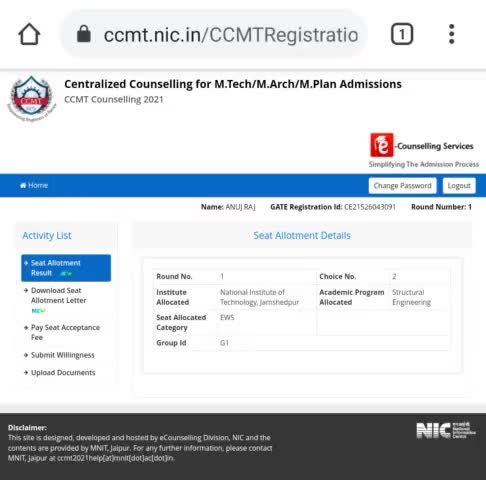 #CCMT #MTECH 
Seat Allotment Result 1st Round #NIT jamshedpur 😊