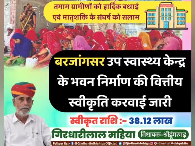 #श्रीडूंगरगढ़़ तहसील के गांव #बरजांगसर में उप स्वास्थ्य केन्द्र के भवन निर्माण के लिए 38.12 लाख की स्वीकृति जारी #MLASdgh