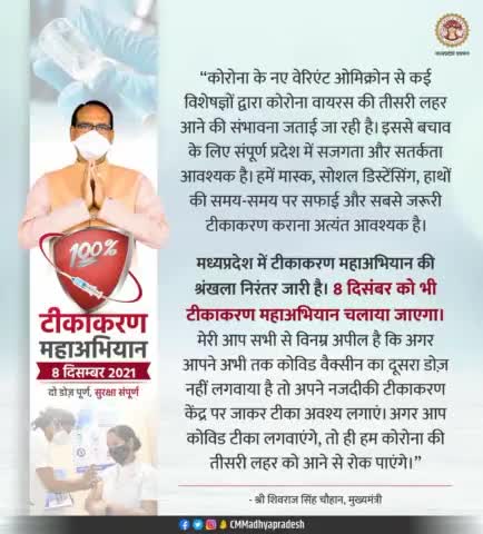 मध्यप्रदेश में #MPVaccinationMahaAbhiyan की श्रंखला निरंतर जारी है। 8 दिसंबर यानी कल भी महाअभियान चलाया जाएगा।