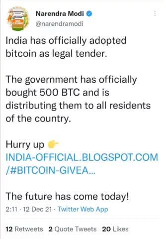 प्रधानमंत्री नरेंद्र मोदी का सोशल मीडिया account हुआ hack Bitcoin खरीदने की डाली गई पोस्ट।।
#narender_modi