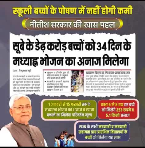 माननीय मुख्यमंत्री श्री Nitish Kumar  जी ने बच्चों के #पोषण के लिए राज्य के सभी सरकारी व सरकारी सहायता प्राप्त प्रारंभिक