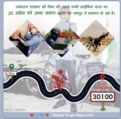 20.04.202 को #समापन

30100 km
विश्व कि सबसे लंबी साइकिल यात्रा 27.01.2019 को शुरू होकर जयपुर के अमर जवान ज्योति पर 20.04.2022 को साइकिल यात्रा का समापन हों रहा हैं