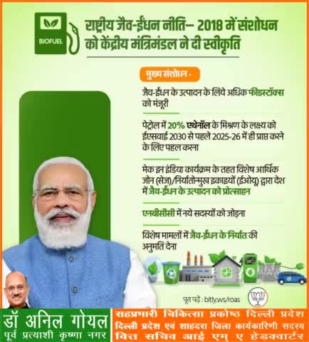 माननीय प्रधानमंत्री श्री नरेंद्र मोदी जी की  मोदी सरकार ने राष्ट्रीय जैव-ईंधन नीति– 2018 में संशोधन को केंद्रीय मंत्रिमंडल ने दी स्वीकृति।
#PmModiJi
#NrendraModi Ji   #AmitShah Ji   #JpNadda Ji
#BJP4INDIA #bjp4delhi