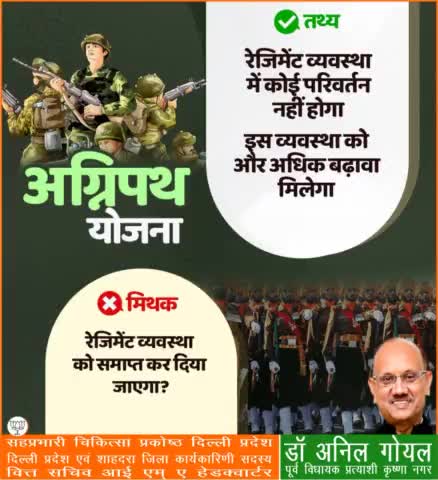 अग्निपथ योजना के विषय में मिथक और तथ्य:
❌रेजिमेंट व्यवस्था को समाप्त कर दिया जाएगा?
✅रेजिमेंट व्यवस्था में कोई परिवर्तन नहीं होगा। इस व्यवस्था को और अधिक बढ़ावा मिलेगा।
#BharatKeAgniveer
#pmmodiji