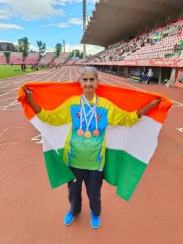 94 year old sprinter from India Bhagwani Devi wins gold medal🥇in 100 m sprint at  World Masters Athletics Championships held in Tempere, #Finland.

She wins gold with a timing of 24.74 seconds.