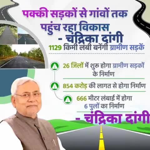 पक्की सड़कों से गांवों तक पहुंच रहा विकास...
854 करोड़ की लागत से राज्य के 26 जिलों में 1129 किमी लंबी बनेंगी ग्रामीण सड़कें।
#Roadways #VillageRoad 
#Bihar #NitishKumar