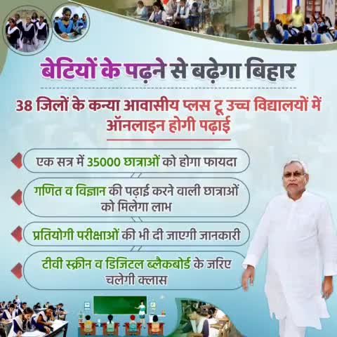 बेटियों के पढ़ने से बढ़ेगा बिहार…
38 जिलों के कन्या आवासीय प्लस टू उच्च विद्यालय में टीवी स्क्रीन व डिजिटल ब्लैकबोर्ड के जरिए ऑनलाइन होगी पढ़ाई।
#Education #OnlineClass 
#Bihar #NitishKumar