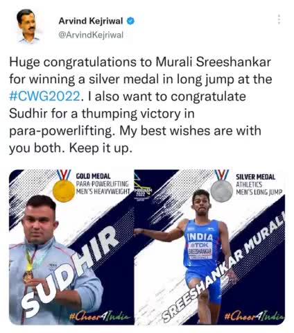 Huge congratulations to Murali Sreeshankar for winning a silver medal in long jump at the #CWG2022. I also want to congr