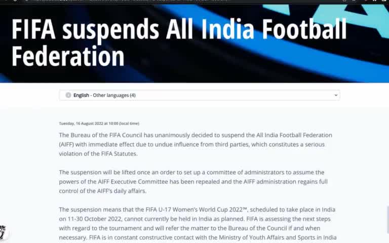 FIFA ने भारत के फुटबाल फैडरेशन को सस्पेंड कर दिया है।#FIFA ने भारत को दिया झटका, #AIFF को किया सस्पेंड; अंडर-17 महिला विश्व कप 2022 की मेजबानी भारत से छीन लिया है ।