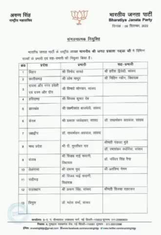 #bjp शीर्ष नेतृत्व ने विभिन्न प्रदेशो मे प्रदेश प्रभारियों की घोषणा की,बिहार के प्रभारी बने #vinodtavde जी #news #bihar