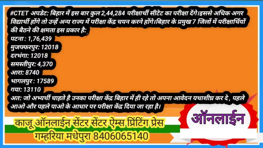 #CTET अपडेट: बिहार में इस बार कुल 2,44,284 परीक्षार्थी सीटेट का परीक्षा देंगे। बिहार के 3 जिला अब नहीं बचा है