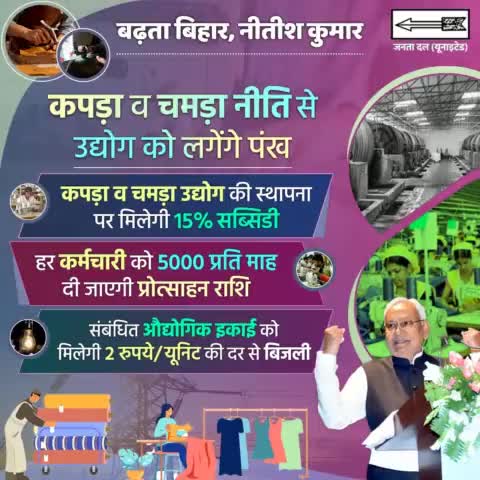 #बिहार_औद्योगिक_निवेश_नीति के तहत वस्त्र व चमड़ा नीति- 2022 से #उद्यमियों को प्रोत्साहित किया जा रहा है।

#बिहार जल्द ही #कपड़ा और #चमड़ा उद्योग का हब बनेगा और राज्य के लोगों के लिए #रोजगार पैदा