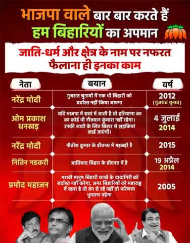 #भाजपा वाले बार-बार करते हैं हम बिहारियों का अपमान,
जाति धर्म और क्षेत्र के नाम पर नफरत फैलाना ही इनका काम।
#BJP #Bihar
#Bhajpa #Bjp4India #Bjp4Bihar