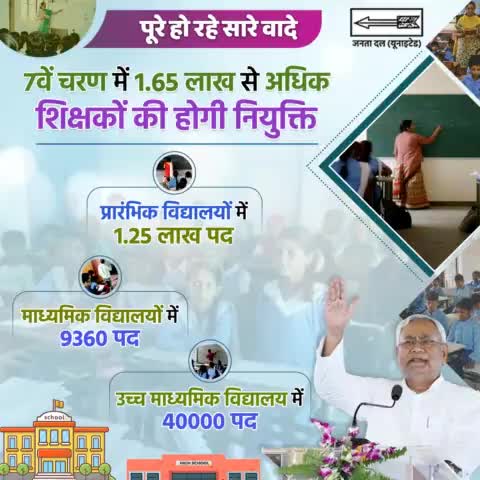 #रोजगार और शैक्षणिक विकास को लेकर माननीय मुख्यमंत्री श्री Nitish Kumar  जी के नेतृत्व में #बिहार सरकार बेहद गंभीर है। राज्य में 7वें चरण की #शिक्षक_नियुक्ति के तहत 1.65 लाख से अधिक शिक्षकों की नियुक्ति की जाएगी।
#Rozgar #Teachers