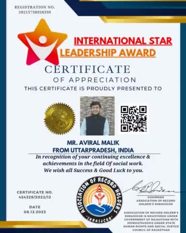 भाजपा नेता अविरल मलिक को INTERNATIONAL STAR LEADERSHIP AWARD से किया गया पुरस्कृत| #award #aviral_malik