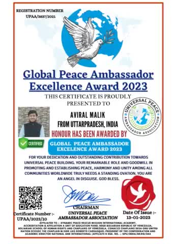 भाजपा नेता अविरल मलिक को किया गया GLOBAL PEACE AMBASSADOR EXCELLENCE AWARD से पुरस्कृत| #bjp #aviral_malik #news #award