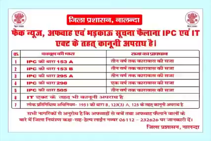 नालंदा पुलिस के द्वारा लगातार सोशल नेटवर्किंग साइट पर नजर रखी जा रही है।गलत,भ्रामक खबर,तस्वीर,वीडियो या सूचना फैलाना IPC एवं IT एक्ट के तहत कानूनी अपराध है।

#बिहारशरीफ