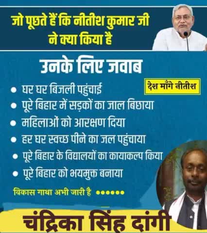 जो पूछते हैं कि #नीतीश_कुमार जी ने क्या किया । उनके लिए जवाब 
● घर घर बिजली पहुंचाई
● पूरे #बिहार में सड़कों का जाल बिछाया
● महिलाओं को आरक्षण दिया 
● हर घर स्वच्छ पीने का जल पहुँचाया