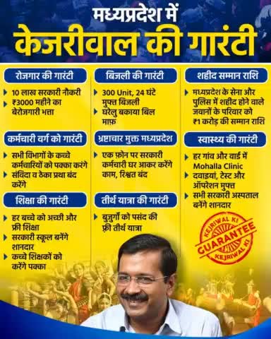 Madhya Pradesh को #KejriwalKiGuarantee 🔥
जो कहते हैं, वो करते हैं। जो करते हैं, वही कहते हैं।

#MPMaangeKejriwal