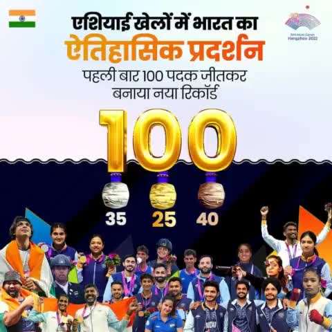 #जय_हिन्द  
एशियाई खेलों में भारतीय खिलाड़ियों का ऐतिहासिक प्रदर्शन।

इन खेलों के इतिहास में पहली बार पार किया 100 पदकों का आंकड़ा।