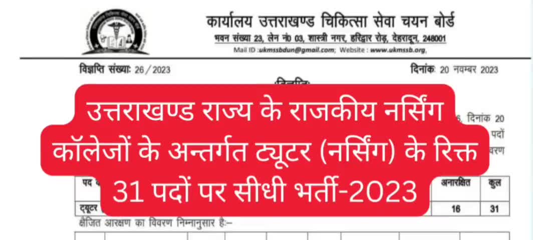 ukmssb ने ट्यूटर (नर्सिंग) के रिक्त 31 पदों पर सीधी भर्ती 2023 #uttarakhand #deradun #roorkee #job