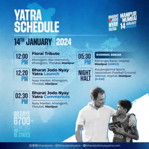 India’s fight for Justice, the #BharatJodoNyayYatra begins from Manipur, today - Nyay Ka Haq Milne Tak. 

Be a part of this historic movement. 
#sahomatdaromat