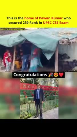 #बुलन्दशहर: झोपड़ी में रहने वाले पवन कुमार ने पास की यूपीएससी की परीक्षा, कच्चा मकान और पालीथिन के छप्पर में रहने वाले पवन को यूपीएससी में मिली 239 वी रैंक।

पवन को तीसरे प्रयास में मिली कामयाबी। पवन कुमार के पिता है किसान, 4 बीघा जमीन के म