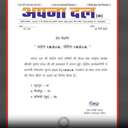 अपना दल (कमेरावादी) ने सीट बंटवारे के बिना ही यूपी की 3 लोकसभा सीटों पर चुनाव लड़ने की घोषणा की #अपना_दल