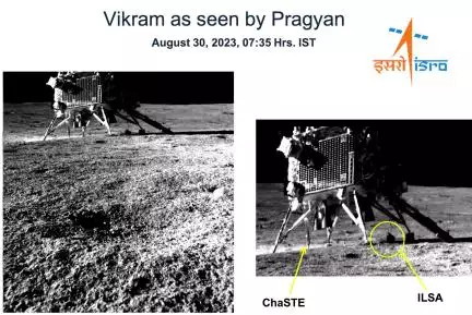 प्रज्ञान रोवर द्वारा खींची गई विक्रम लैंडर की पहली तस्वीर की गई जारी #चंद्रयान