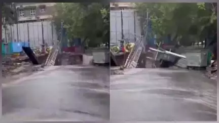 चक्रवात 'मिचौंग' के चलते चेन्नई में भारी बारिश से सड़क पर बना बड़ा गड्ढा, वीडियो आया सामने #चक्रवात #मिचौंग